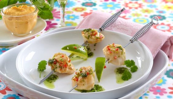 Fried Norwegian Scallops with Coriander Oil and Sweet Potato Purée