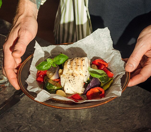 Norwegian cod with oven-baked  vegetables