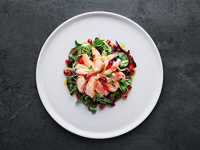 Norwegian salmon ceviche with mango and pomegranate