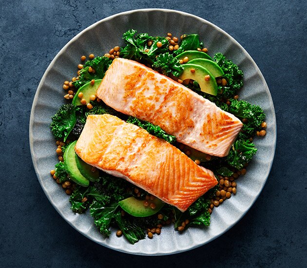 Seared Norwegian salmon with kale and lentils